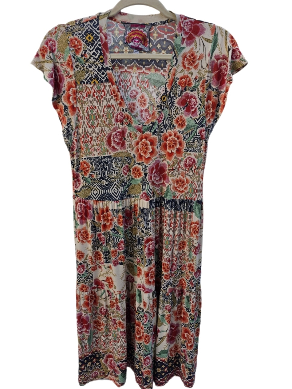 Johnny Was Aztec Flower Tiered Hem Dress Boho Floral XXS EUC